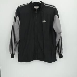 Adidas Jacket Mens Medium Black‎ Gray Full Zip Windbreaker Three Stripe Retro